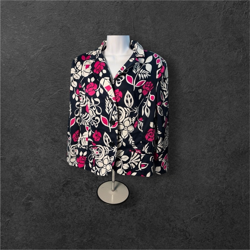 Dressbarn Womens Large L White Black Floral Button Down Blazer Jacket